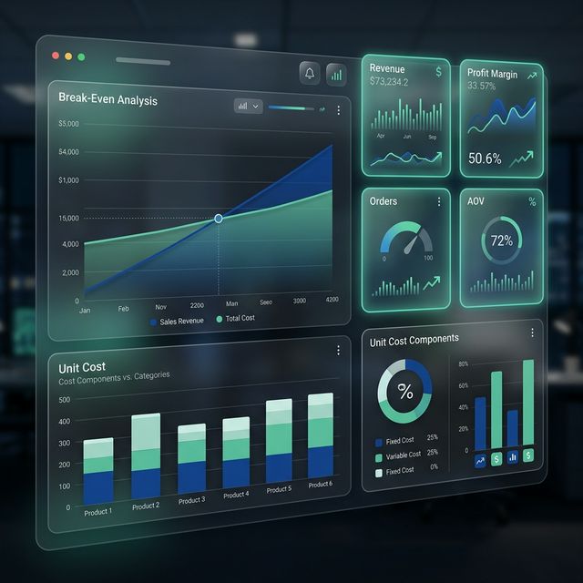 لوحة تحكم ذكية توضح حسابات الربح الصافي ونقطة التعادل للمتاجر